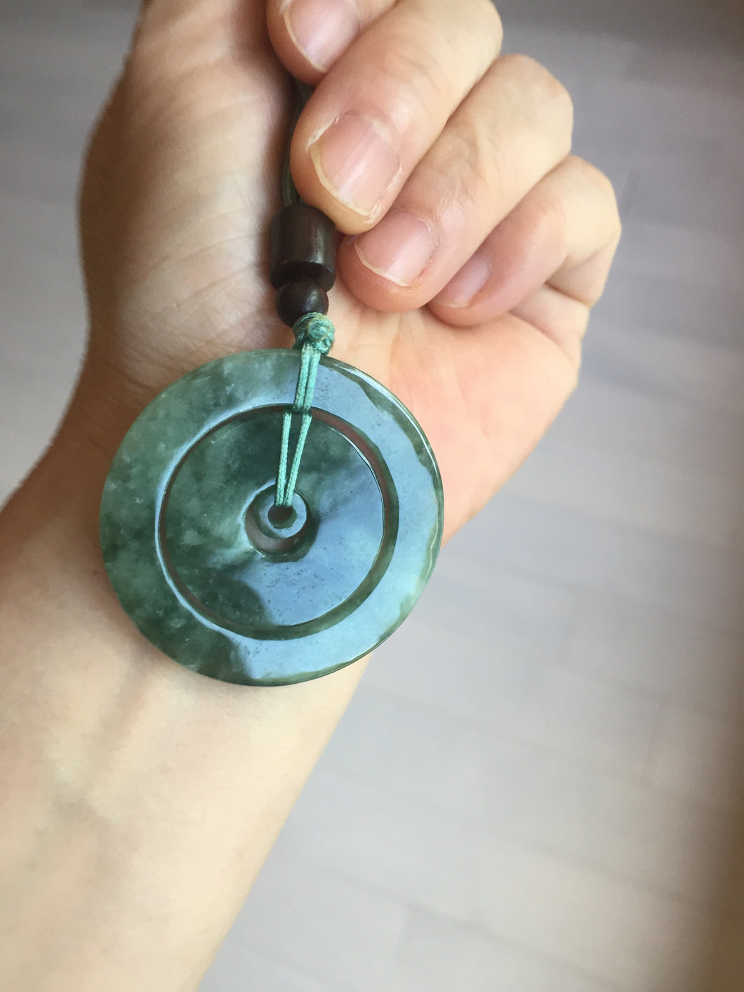 41.2mm Type A 100% Natural icy dark green/gray Jadeite Jade safety Guardian donut Pendant PB195-3