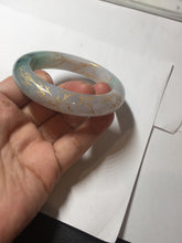 Load image into Gallery viewer, 53.2mm 100% Natural type A sunny green purple carved flowers golden-painted Jadeite Jade bangle PE42
