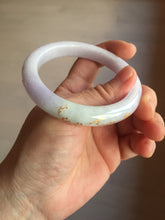 Load image into Gallery viewer, 55.8mm 100% Natural type A light green purple white carved plum blossom and golden-painted Jadeite Jade bangle PE35
