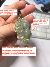 Load image into Gallery viewer, 100% Natural Type A Dark Green Yellow Carved Ancient Coins Four Season Bean Leaf Jadeite Jade Pendant PJ86
