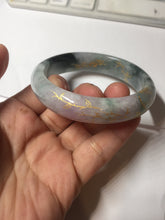 Load image into Gallery viewer, 56.5mm 100% Natural type A sunny green purple brown gray white carved flowers and golden-painted Jadeite Jade bangle BG232

