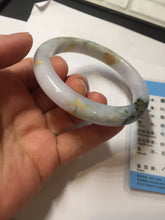 Load image into Gallery viewer, 58mm certified 100% Natural type A sunny green dark green purple carved branches and flowers and golden-painted Jadeite Jade bangle PH185-5926
