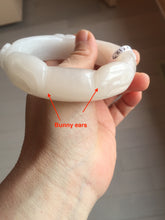 Load image into Gallery viewer, 59.5mm 100% natural pink white Quartzite (Shetaicui jade) 3D carved bunny ears/flowers/heart bangle XY123
