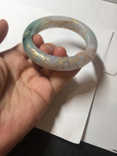 Load image into Gallery viewer, 53.2mm 100% Natural type A sunny green purple carved flowers golden-painted Jadeite Jade bangle PE42
