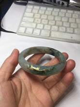 Load image into Gallery viewer, 54.2mm certified 100% natural Type A sunny green gray carved and golden-painted round cut jadeite jade bangle PJ66
