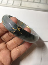 Load image into Gallery viewer, 56.5mm 100% Natural type A sunny green purple brown gray white carved flowers and golden-painted Jadeite Jade bangle BG232
