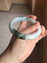 Load image into Gallery viewer, 58mm 100% Natural type A green purple white carved flowers and golden-painted round cut Jadeite Jade bangle PJ64
