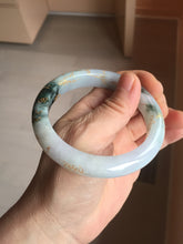 Load image into Gallery viewer, 58mm 100% Natural type A green purple white carved flowers and golden-painted round cut Jadeite Jade bangle PJ64
