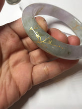 Load image into Gallery viewer, 53.3mm 100% Natural type A sunny green purple brown gray white carved flowers and golden-painted Jadeite Jade bangle BG231-5035
