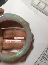 Load image into Gallery viewer, 55.3mm 100% Natural type A sunny green purple white carved flowers and golden-painted chubby Jadeite Jade bangle PF17-2326
