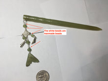 Load image into Gallery viewer, 15.5 cm 100% Natural Light Green/yellow Bamboo-Style Xiu Jade (Serpentine) Hairpin with fish tail Hanging Ornament AW45
