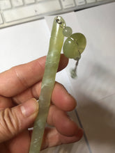 Load image into Gallery viewer, 17.5 cm 100% Natural Light Green &amp; Black Bamboo-Style Xiu Jade (Serpentine) Hairpin with Safety Donut Hanging Ornament AW40
