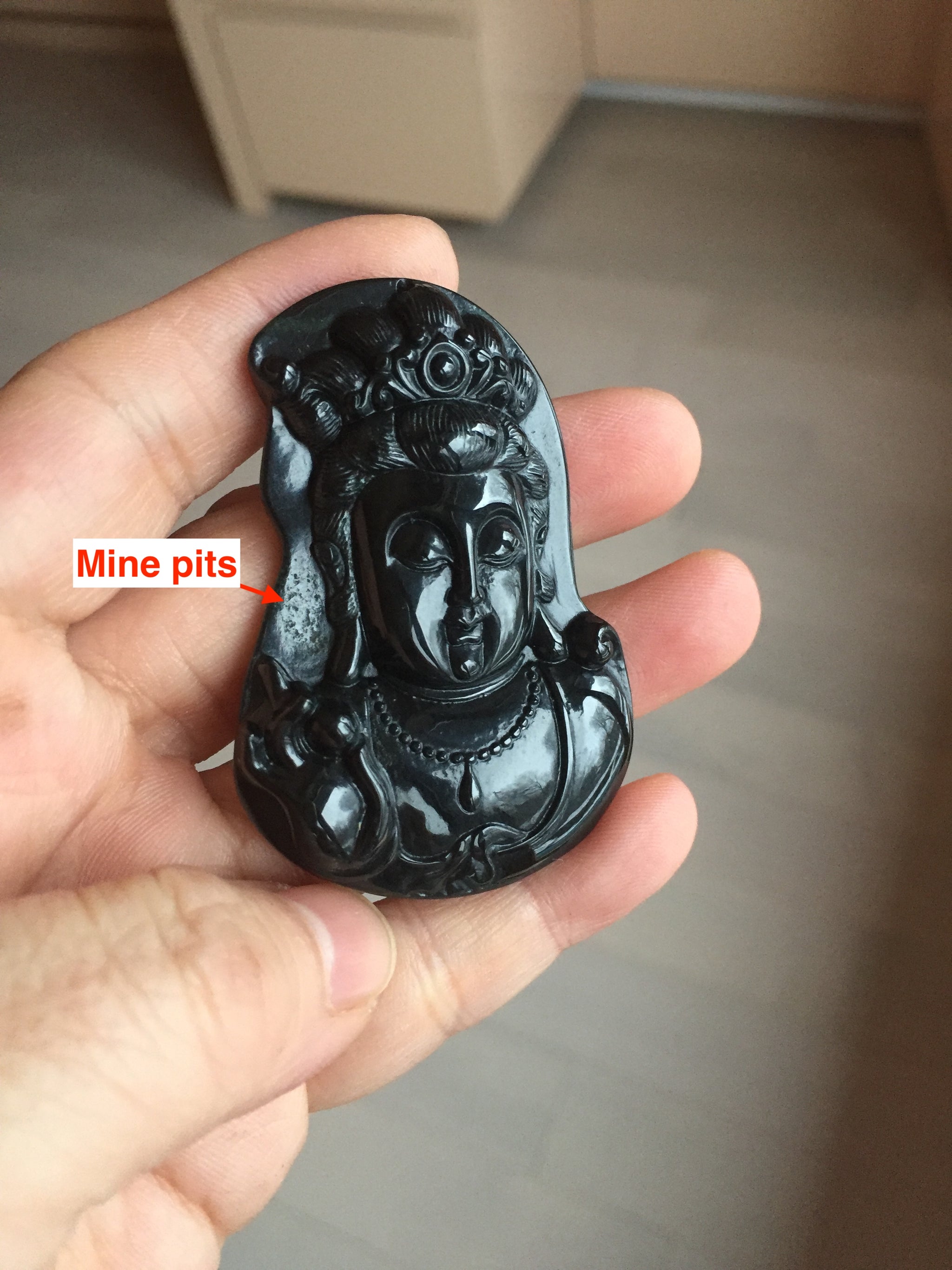 100% Natural dark green/black jadeite jade(Mocui, 墨翠) GuanYin