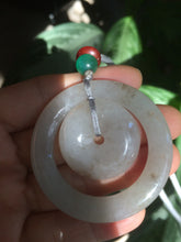Load image into Gallery viewer, Certified Type A 100% Natural icy light green/brown Jadeite Jade concentric circle safety Guardian ring Pendant (子母扣) SN-8012
