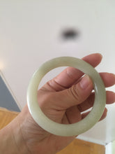 Load image into Gallery viewer, Certified 55.5mm 100% Natural light fresh green/white with flying snow round cut nephrite Jade bangle HT23-0194
