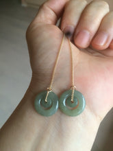 Load image into Gallery viewer, 100% Natural icy watery blue/grenn/yellow safe and sound mom and daughter buckle dangling Guatemala jadeite Jade earring C6
