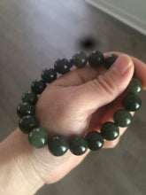 Load image into Gallery viewer, 100% Natural 11-12.5mm dark green round shape nephrite Jade bead bracelet A25 (河磨玉)
