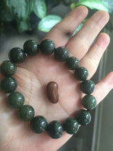 Load image into Gallery viewer, 100% Natural 11-12.5mm dark green round shape nephrite Jade bead bracelet A25 (河磨玉)
