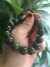 Load image into Gallery viewer, 100% Natural 11-12.5mm dark green round shape nephrite Jade bead bracelet A25 (河磨玉)
