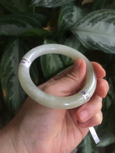 Load image into Gallery viewer, Certified 55.5mm 100% Natural light fresh green/white with flying snow round cut nephrite Jade bangle HT23-0194
