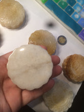 Load image into Gallery viewer, 52.7-53mm 100% natural beige/yellow/orange Quartzite (jinsi jade, 金丝玉) Golden Silk Jade mooncake desk decor/worry stone/paperweight CB26
