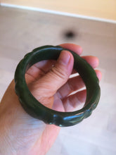 Load image into Gallery viewer, 58mm 100% Natural dark green/gray/black Carving Bamboo nephrite Jade bangle HT54
