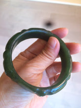 Load image into Gallery viewer, 58mm 100% Natural dark green/gray/black Carving Bamboo nephrite Jade bangle HT54

