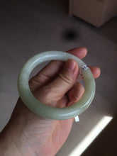 Load image into Gallery viewer, Certified 55.5mm 100% Natural light fresh green/white with flying snow round cut nephrite Jade bangle HT23-0194
