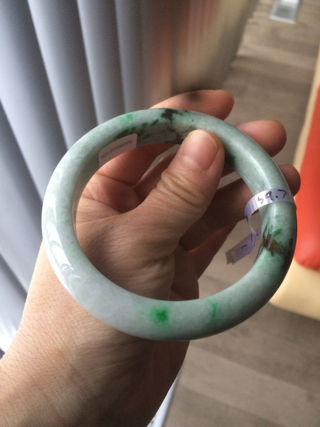 59.2mm Certified Type A 100% Natural green/white Jadeite Jade bangle L7-7536
